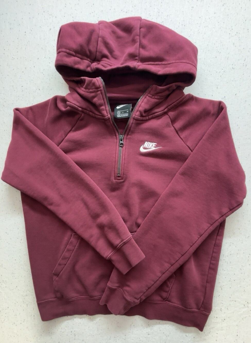 Nike Club Fleece Womens S Half Zip Hooded Sweatshirt Maroon Red Big Swoosh Logo